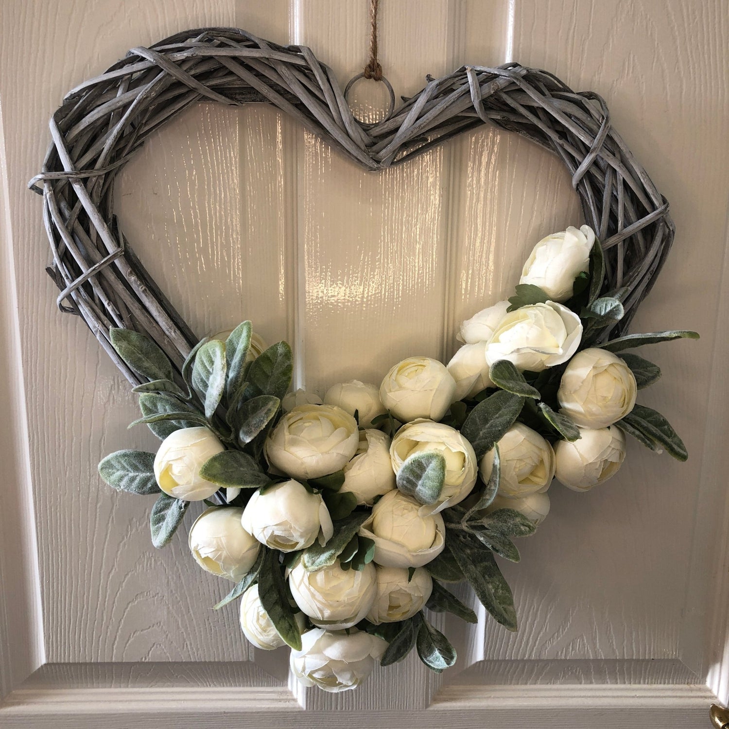 Grey willow wreath with white peony buds and lambs ear. - floralwishes
